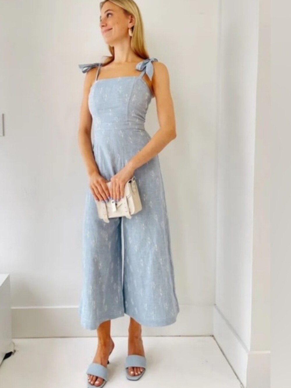 Hunter Bell Jumpsuit, Size 2, Light Blue, Denim, Wide Leg, Ikat Pattern